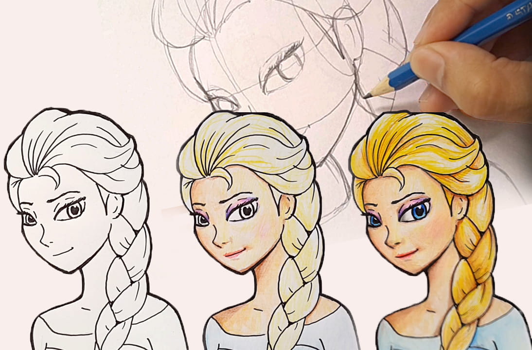 Drawing Elsa and Color with Colored Pencil