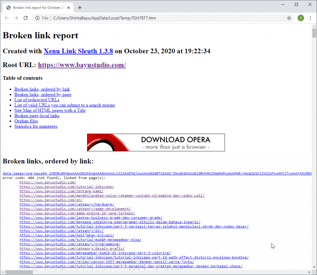 Dokumen broken link report Xenu yang dibuka di browser