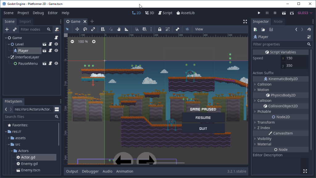 Godot Editor sedang mengedit sample project