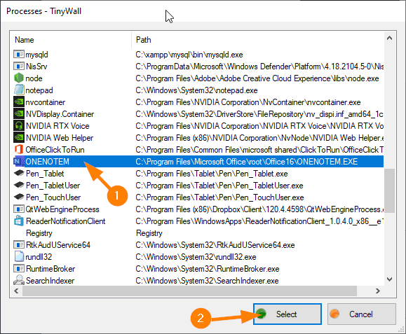 Processes - TinyWaII 
mysqld 
NisSrv 
on 
notepad 
n V container 
NVDispIay Container 
a NVIDIA Voice 
Web Helper 
OfficeCIickTo Run 
ONENOTEM 
e Pen Tablet 
e Pen Tabletl_lser 
Pen Touch User 
Qt Web Engine Process 
Registry 
Rtk Aud Ll Service64 
rund1132 
E Runtimearoker 
Search Indexer 
C \xampp Imysql\bin Smysqld exe 
C 18 2104 5-0\NiE 
C \Program FilesVdobeVdobe Creative Cloud exe 
C exe 
C \Program Files\NVIDIA exe 
C _dispi .inf_amd64_ Ic 
C Flies\NVIDIA Corporation\NVIDIA RTX Voice\NVIDIA RTX vo 
C Vrogram Files Web Helpert 
C:\Program Files\Common Files\micmsoft 
C: Office 
C \Program 
C \Program 
C \Program 
C Vrogram Files 4 4598\QtWebEngineProcess 
C \Program 1 0 4 0 x86_e- 
Registry 
C U Service64 exe 
C exe 
C Indexer exe 